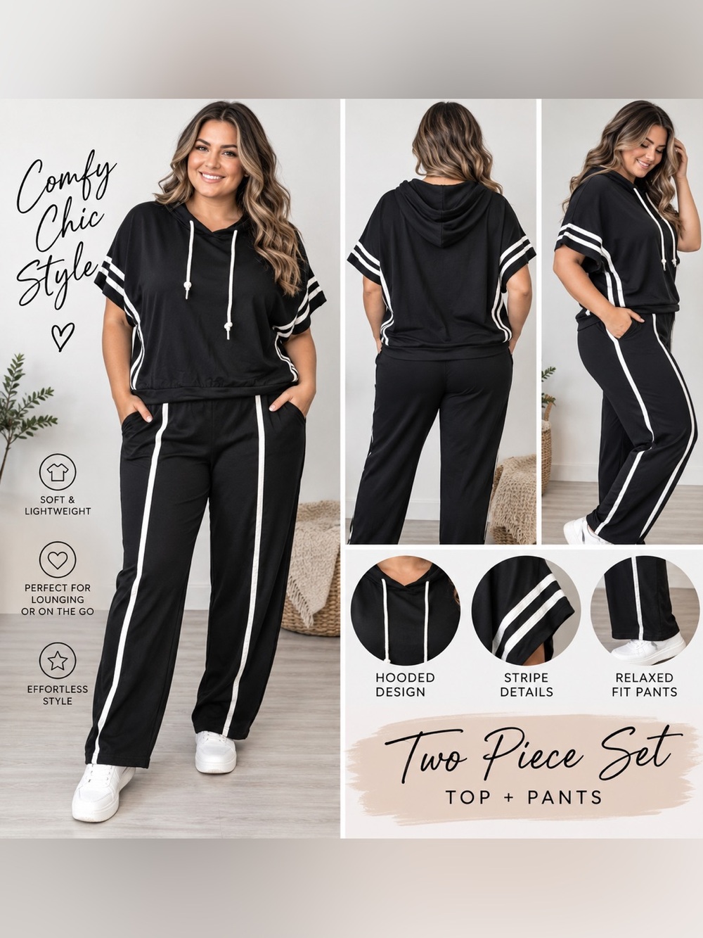 Plus Black Hooded Two-Piece Jogger Set with White Stripes